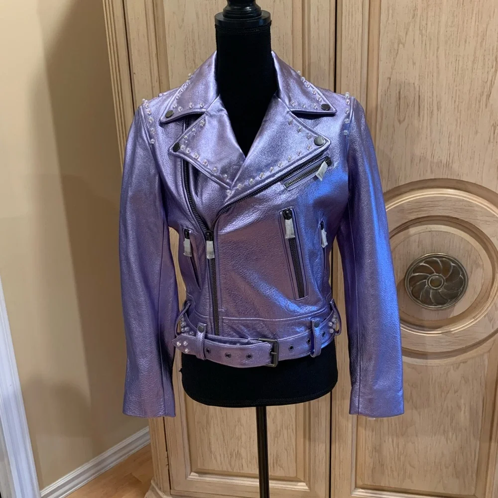 JOCELYN women's leather moto jacket metallic Lilac with chain Size XS NWT $650 - Picture 1 of 5